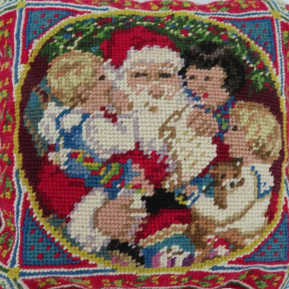Santa Claus Children Christmas Red Velvet Needlepoint Throw Pillow Xmas Holiday
